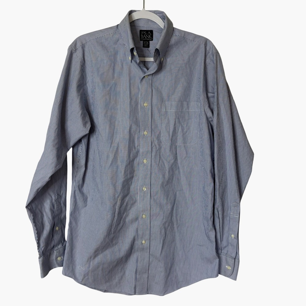 Jos A Bank Traveler Shirt 15.5 36 Blue Stripe Cotton Tailored Old Money Preppy